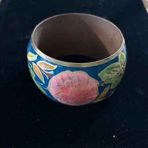 Hand Painted Vintage Brass Floral Blue Bangle Bracelet
